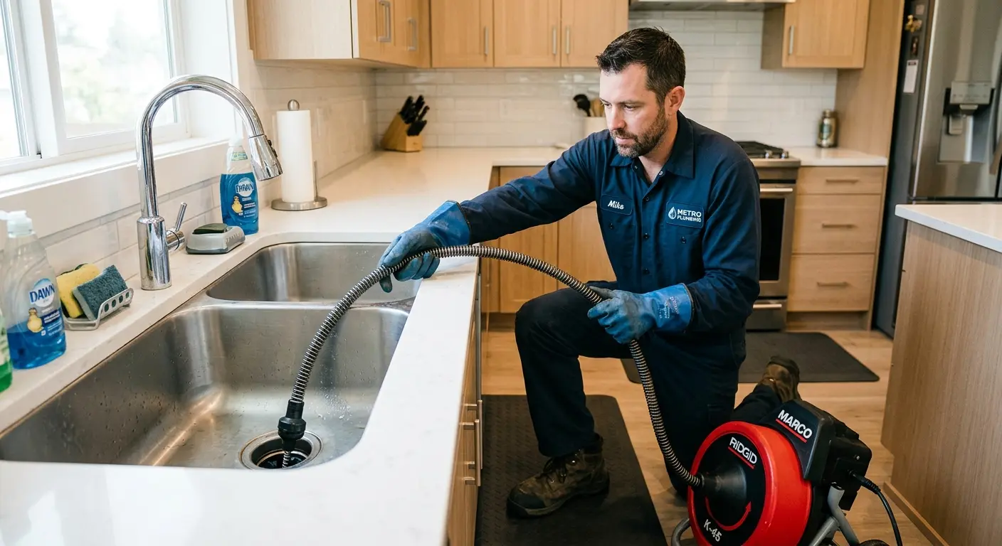 Drain cleaning technician using a motorized snake on a kitchen sink in East Windsor