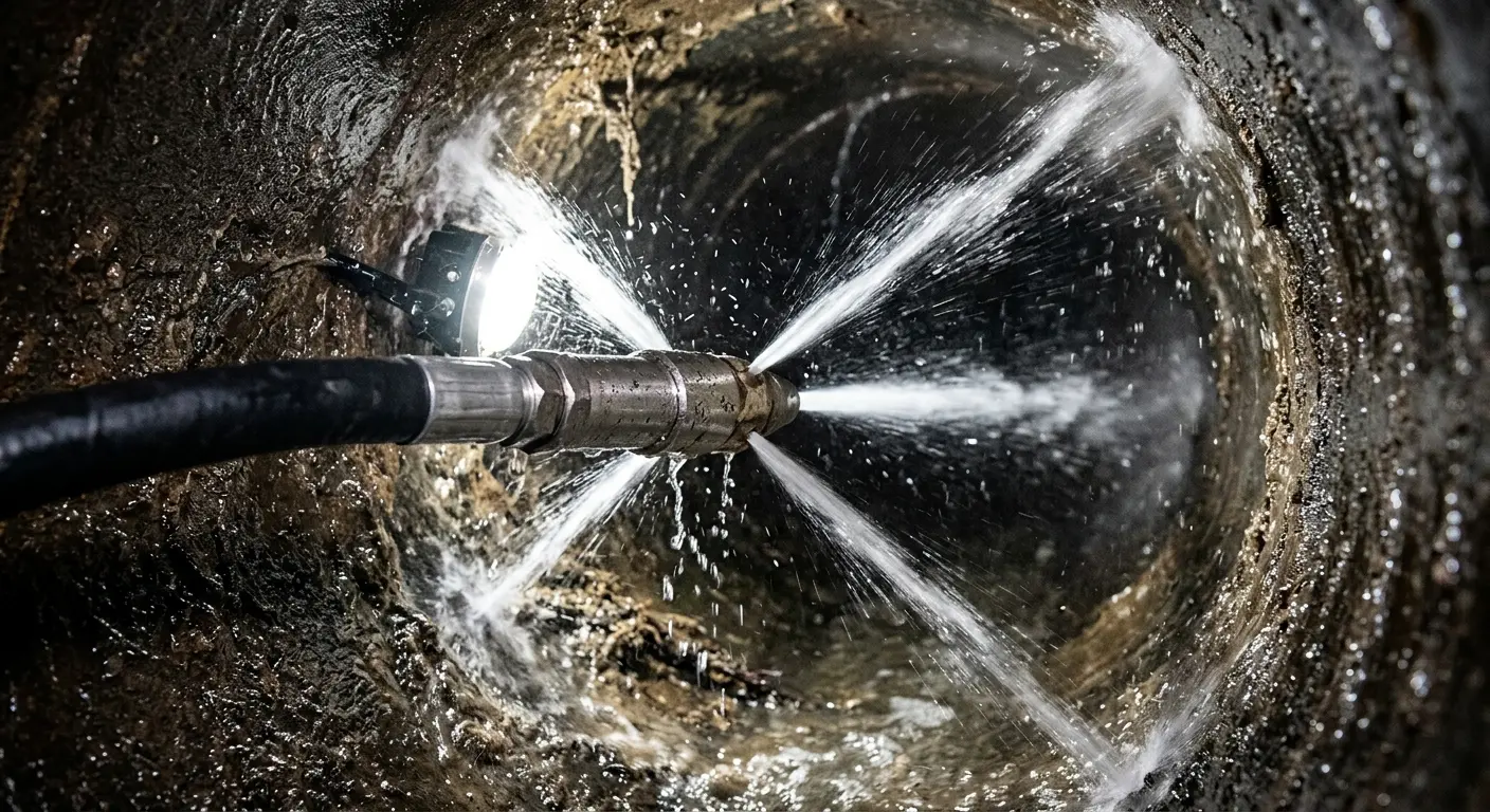 High-pressure hydro jetting nozzle cleaning sewer pipe for Sewer Cleanout in East Windsor