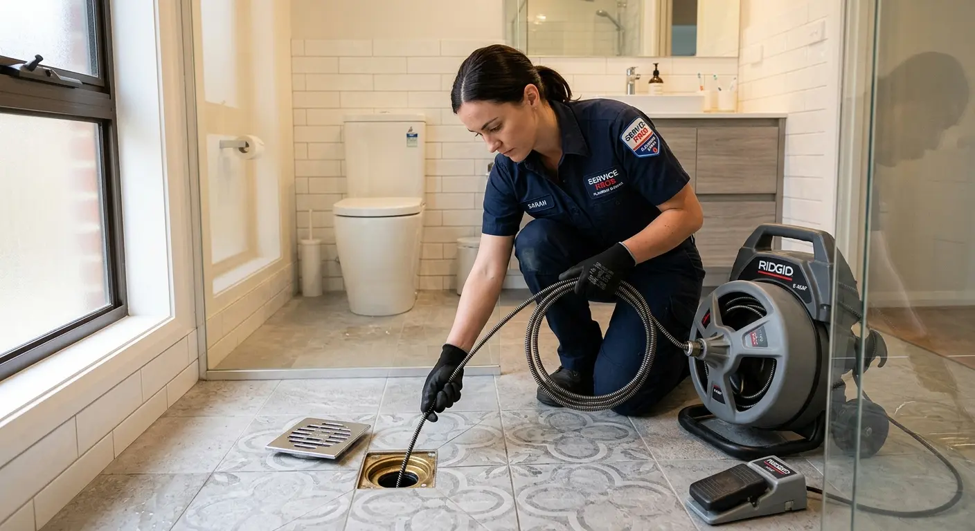 Technician clearing a bathroom floor drain for Clogged Drain Repair in East Windsor